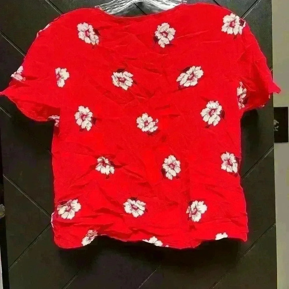 ZARA floral red cottage core top cap sleeve v neck button down size L - Picture 3 of 5